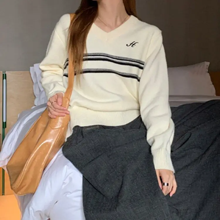 Sweater Loose Fashion Lazy Style Retro Stripe V-Neck Long Sleeve Knitted Shirt Women'S Ins Trend Autumn Winter