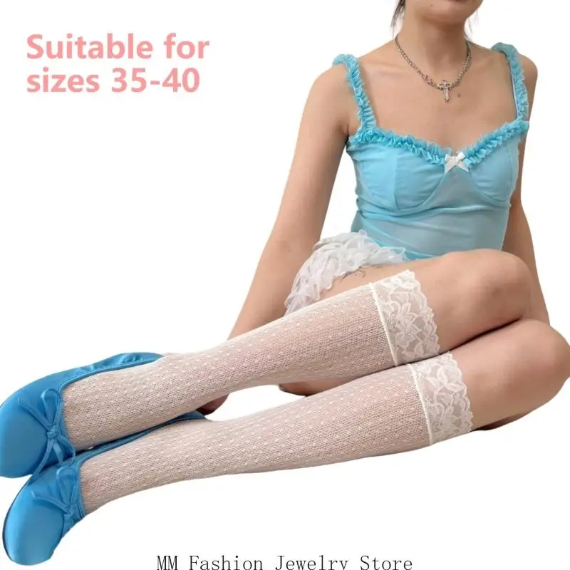 D0UB KNEE HOINE SOCKS SHEER TUBE TUBE SOCKS RUMPLE LACE เหนือถุงเท้าลูกวัว