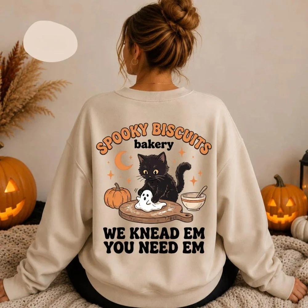 Spooky Biscuits Bakery Sweatshirt Halloween Black Cat Baking Ghost Cookie Cat Lover Gift Men Women Long Sleeve Crewneck Pullover