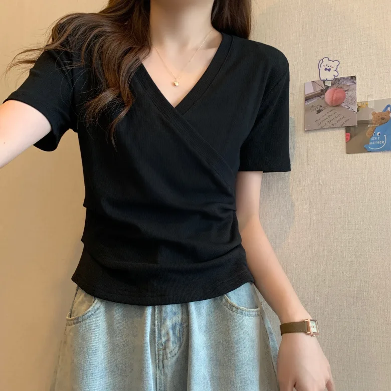 Slim Fit Short Sleeve T-Shirt Women's Cross Shoulder Design Summer New Style Good Wear Commute Style V-neck Short Length Top