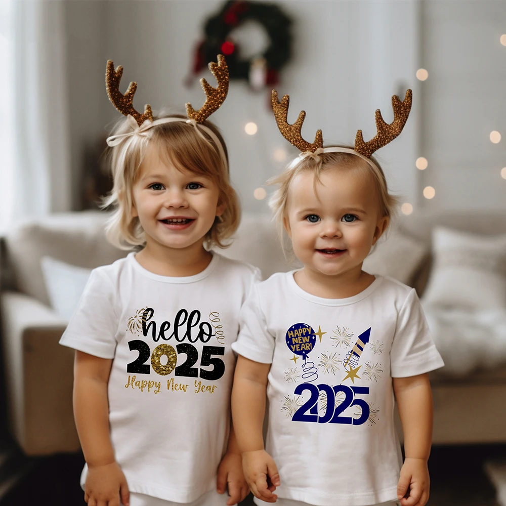 

Hello 2025 Happy New Year Print Kids T-shirts Short Sleeve Childs Tees Shirt Round Neck Tee Tops New Years Day Child Clothing