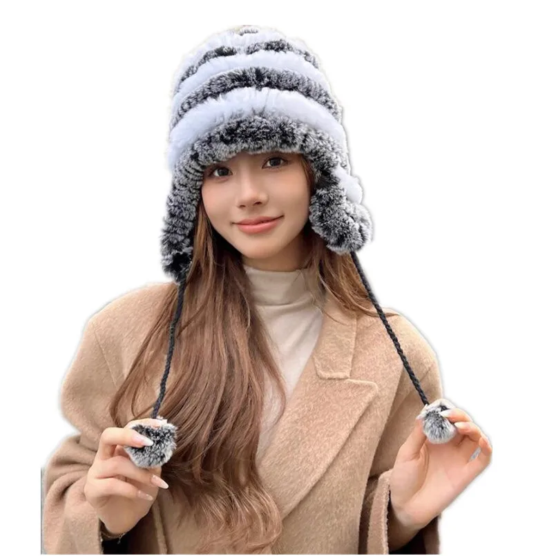 Women's Winter Real Rex Rabbit Fur Hat with Earflap Fur Pompom Bomber Caps Russian Hat Ushanka Trapper Snow  Outdoor Headwear