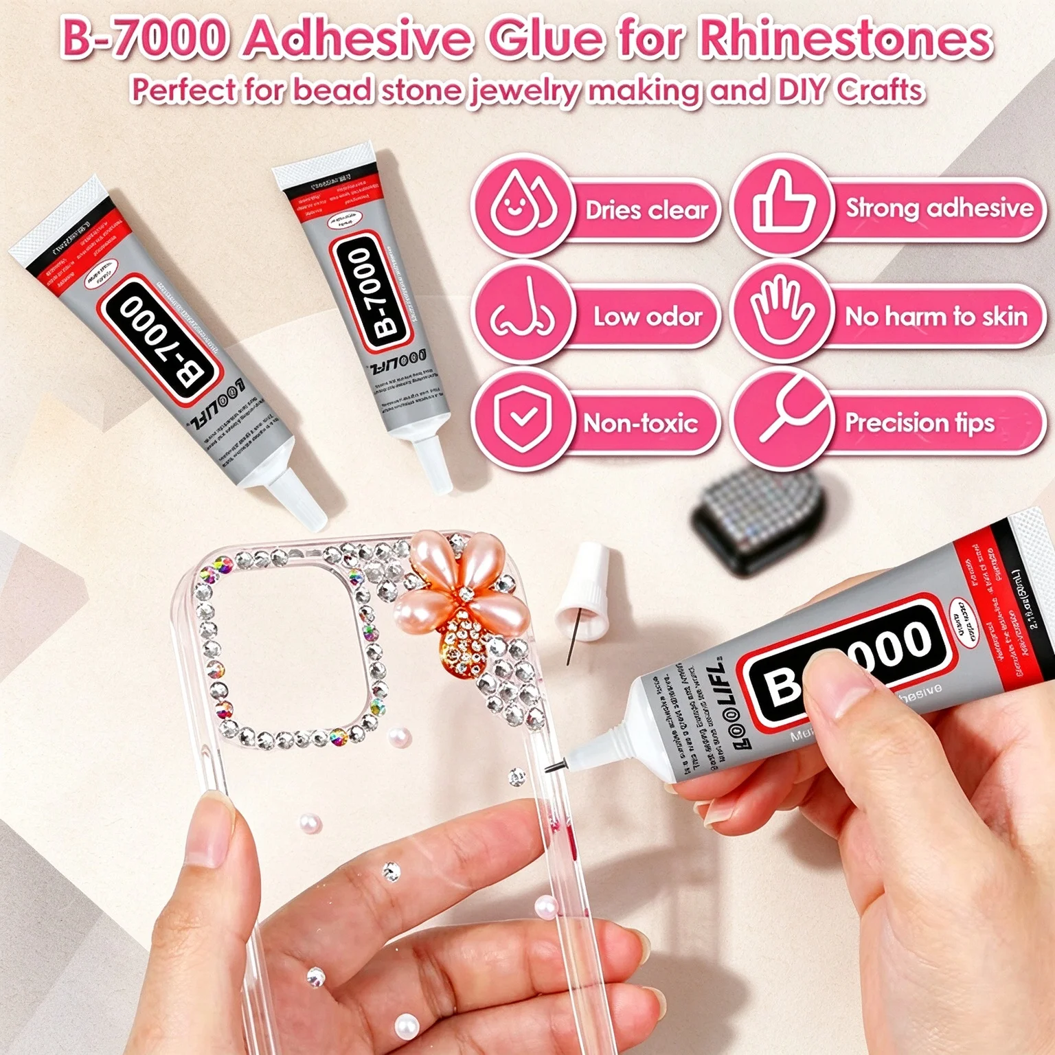 B7000 Glue Kit, B-7000 Multi-purpose Adhesive with Crystal Rhinestones, Tweezers & Wax Pencil for Jewelry Making Nail Art DIY