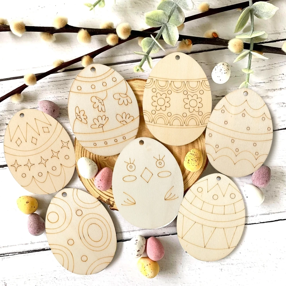 10pcs Wooden Easter Eggs Pendant With Rope Wood Slices Hanging Ornaments For Easter Home Party Decoration Kids Gift DIY Crafts