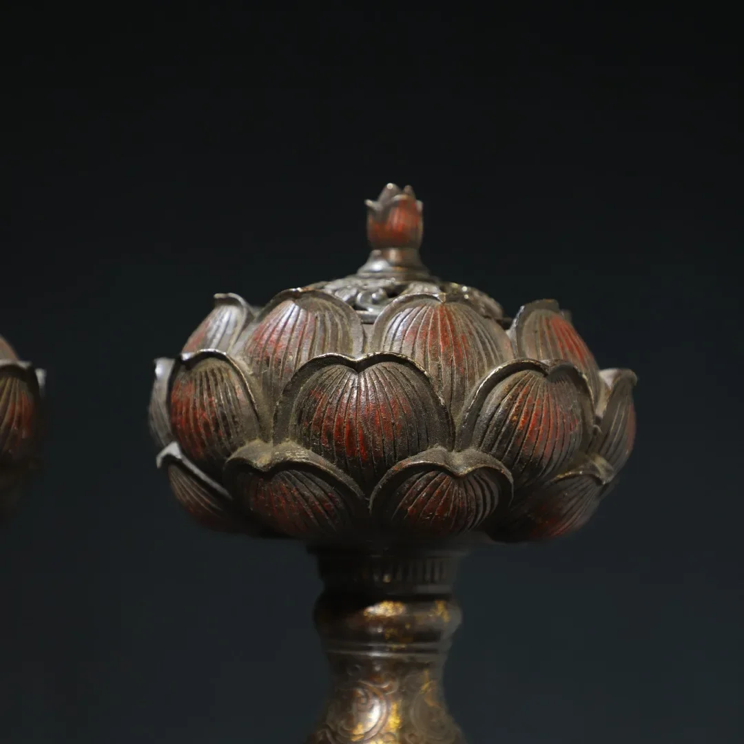 11 "مجموعة معبد التبت البرونزية القديمة الزنجفر الطين الذهب لوتس باوليان مصباح مصباح زيتي زوج الشمعدان قاعة العبادة تاون هاوس