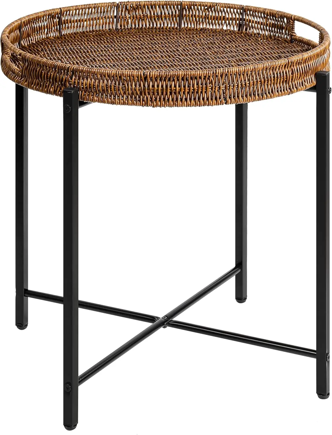 19 Inch Brown Rattan Side Table, Wicker Rattan Small Round Table, Round Sofa Side Table for Patio, Living Room, Bedroom, Office