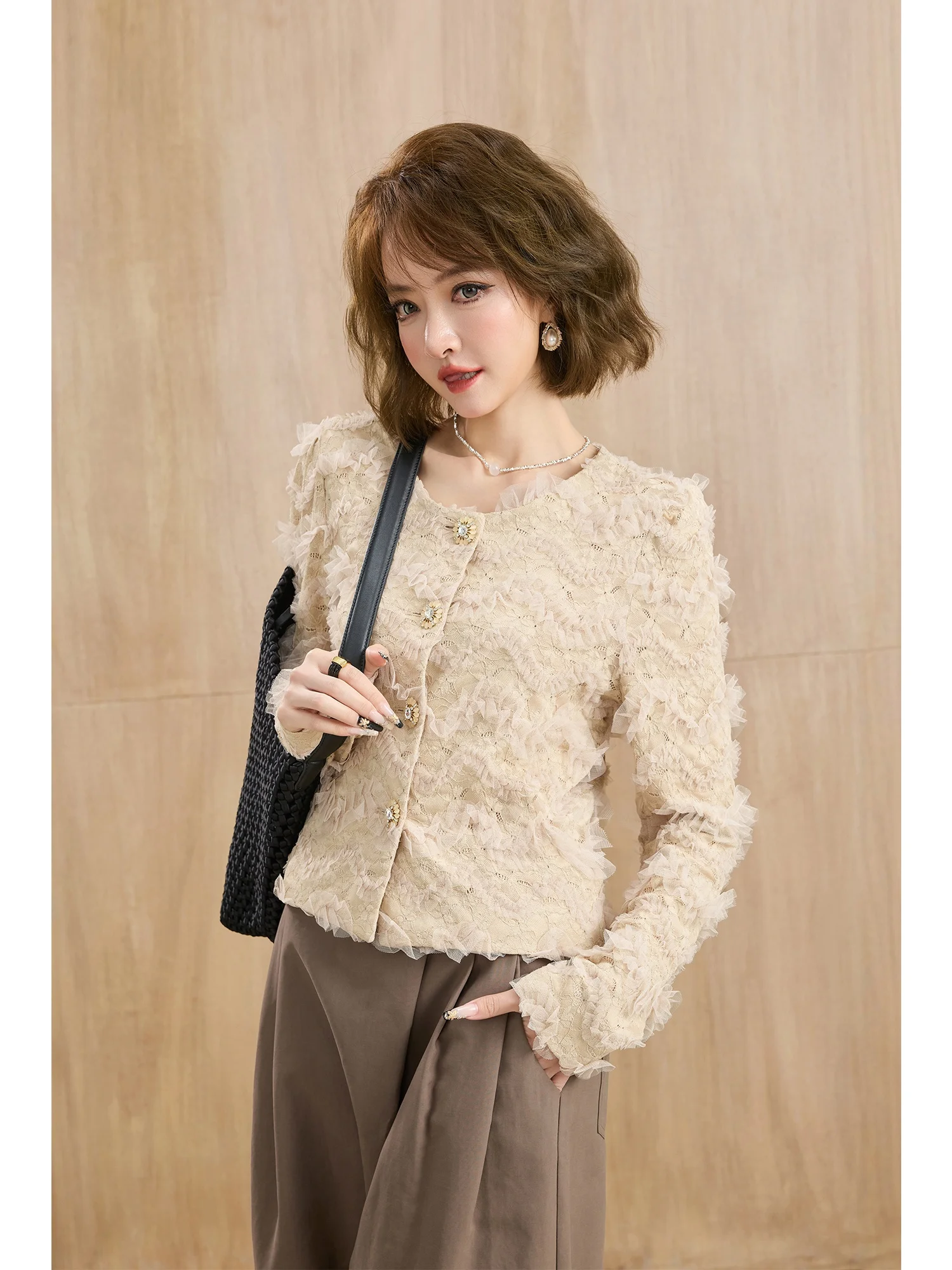 

Элегантная женская верхняя одежда MIUCO Pudding Lace Netting: модная весенняя модель с длинными рукавами, дышащая, комфортная, с круглым вырезом S...