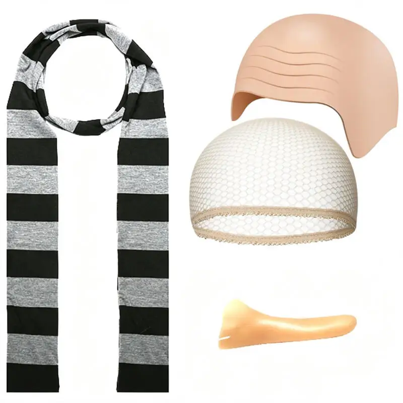 4Pcs Bald Cosplay Costume Accessory Set Black Gray Striped Scarf Fake Nose Bald Cap Hairnet For Halloween Carnival Dress Up Prop