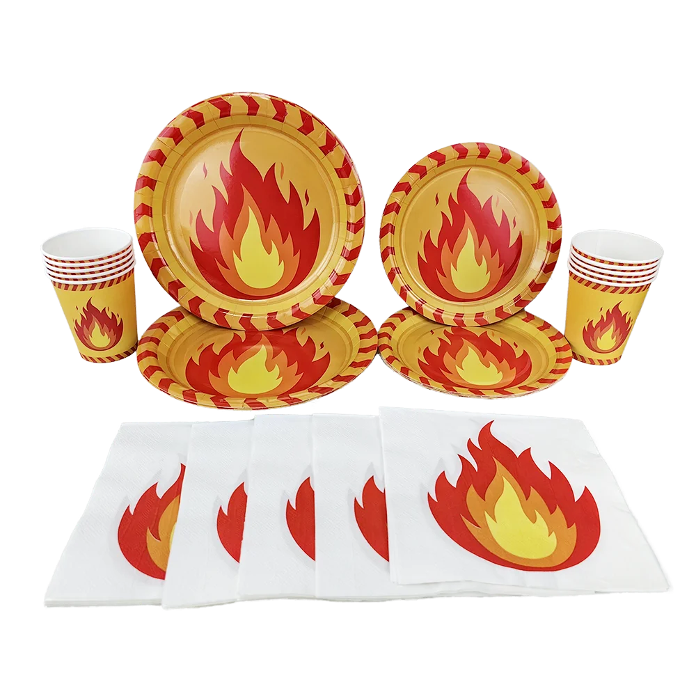 Fire Theme Disposable Tableware Paper Plates Cups Napkins Straws Tablecloth Balloon Fireman Boys Birthday Party Decor Supplies