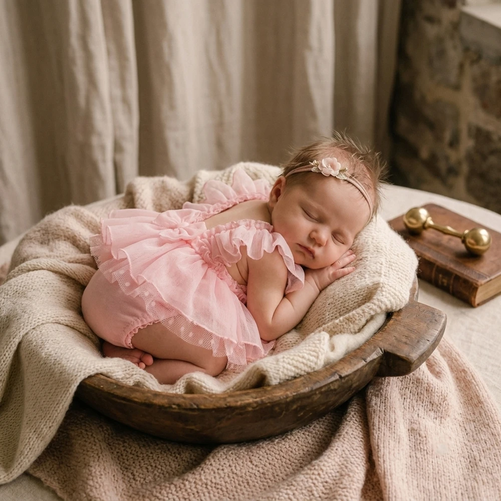 Newborn Photography Props Pink Ruffle Romper Baby Girl Photoshoot Clothes Bebe Infant Double-Layered Studio Costume