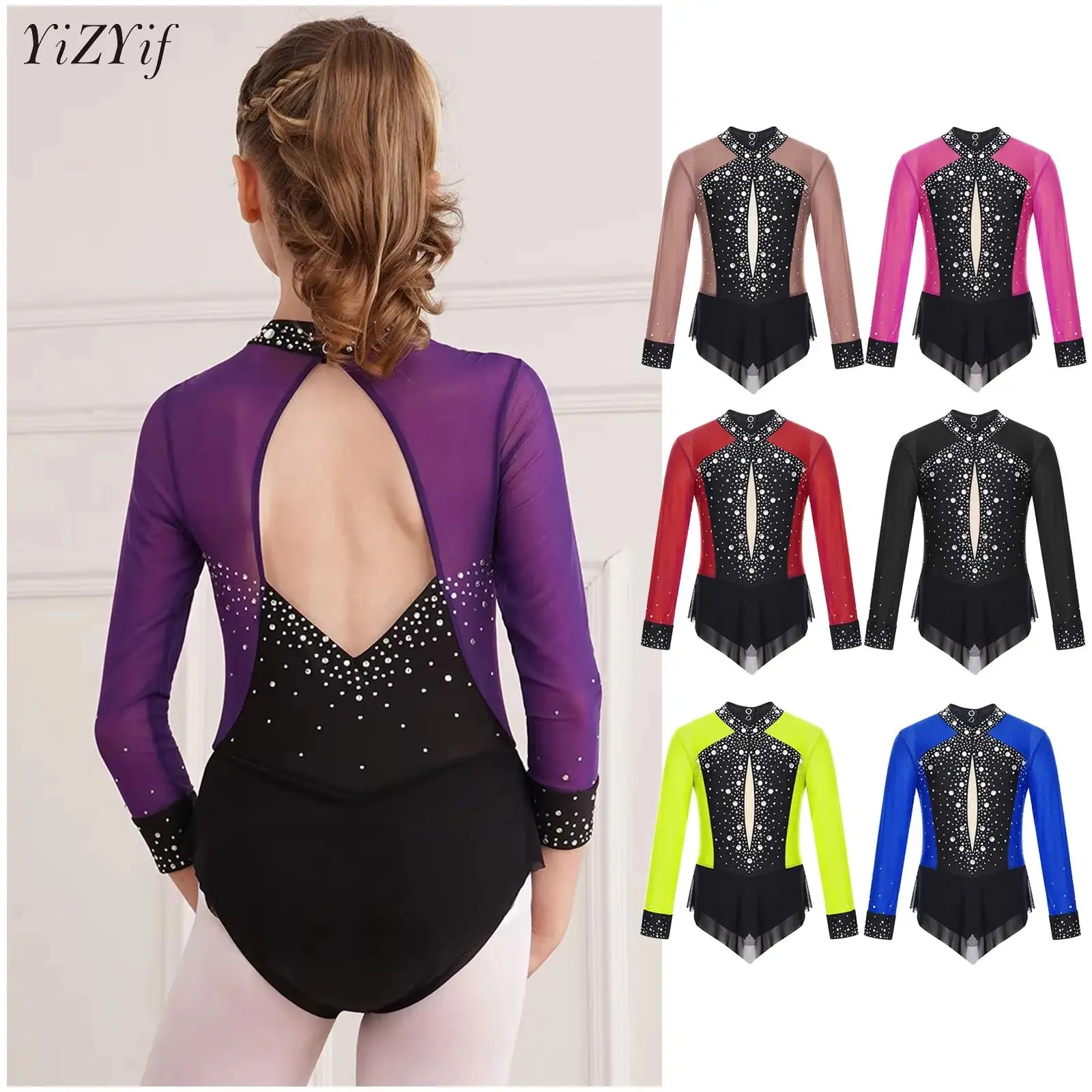 

Children Girls Figure Ice Skating Skirted Leotard Ballet Dance Rhythmic Gymnastics Dancewear Shiny Rhinestone Sheer Mesh Dress