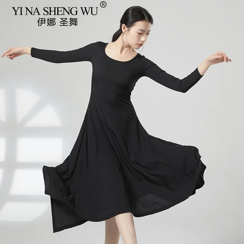 새로운 클래식 댄스 드레스 슬리밍 솔리드 컬러 현대 민속 무용 연습 스커트 드레스 의상 여성 볼룸 댄스