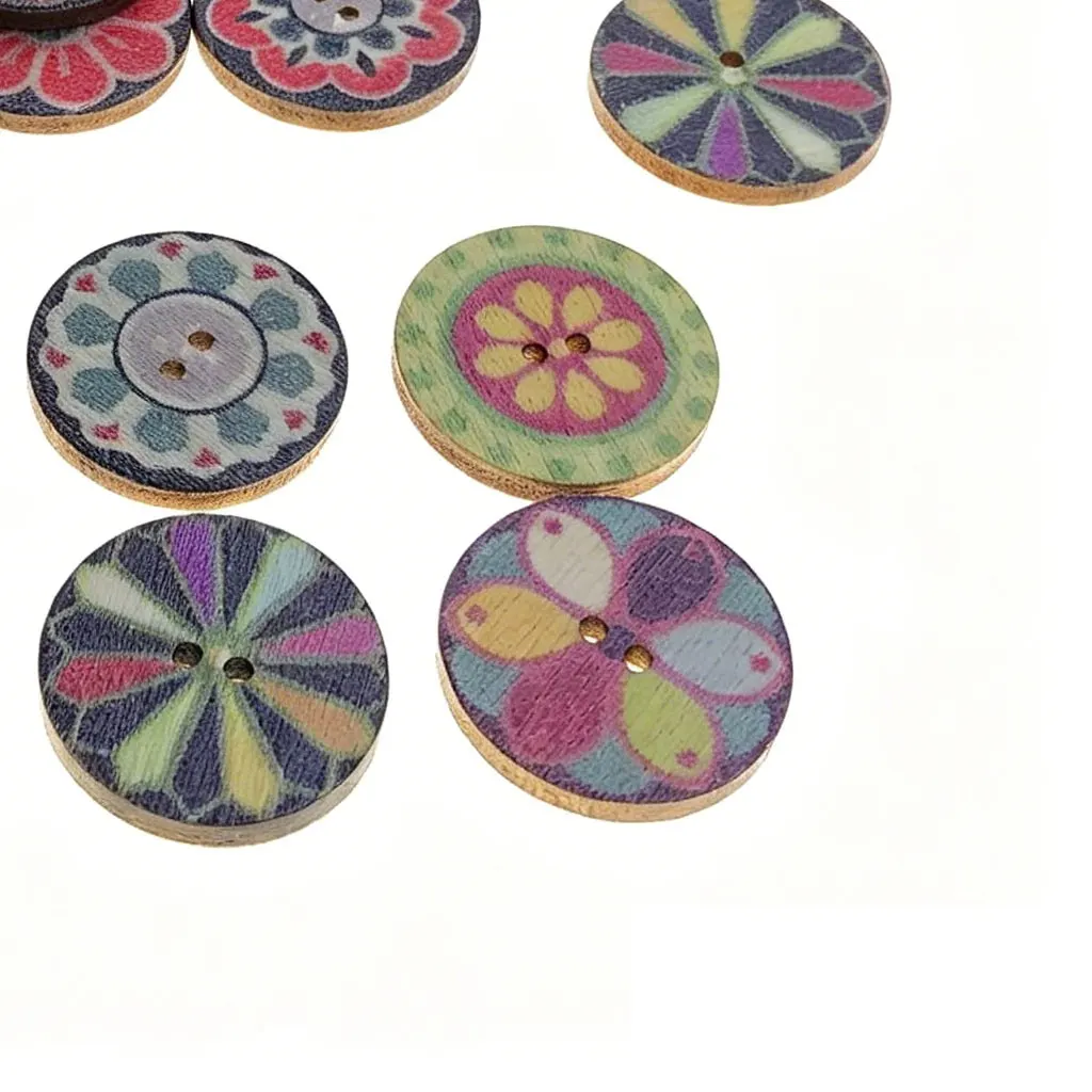 300PCS 15/20/25mm Round Wooden Buttons Painted Printed Two Eyes Handmade DIY Wooden Buckles Retro Round Sewing Wood Buttons