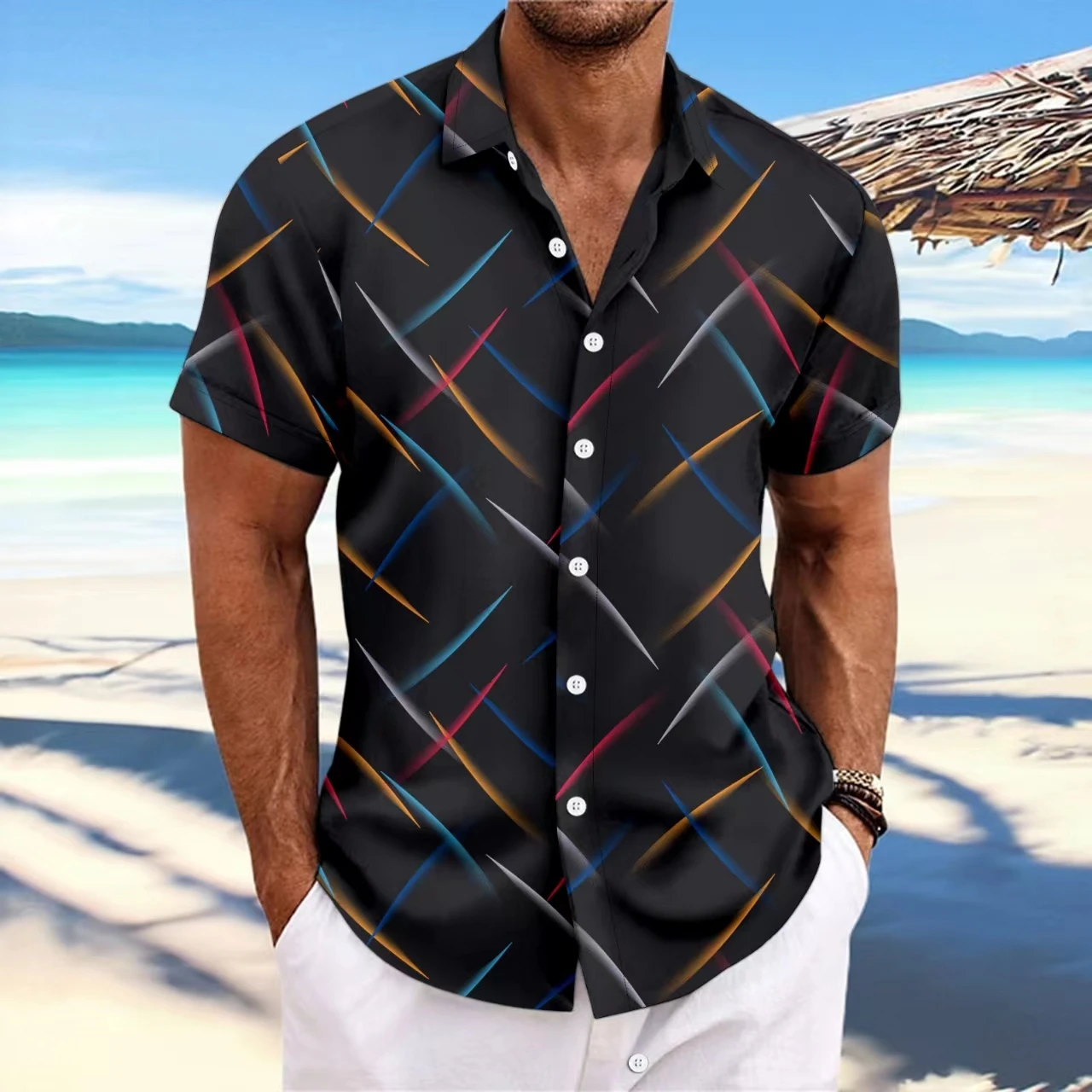 2024 Summer New Men\'s Striped Feather Casual Beach Short Sleeve Button-up Shirt