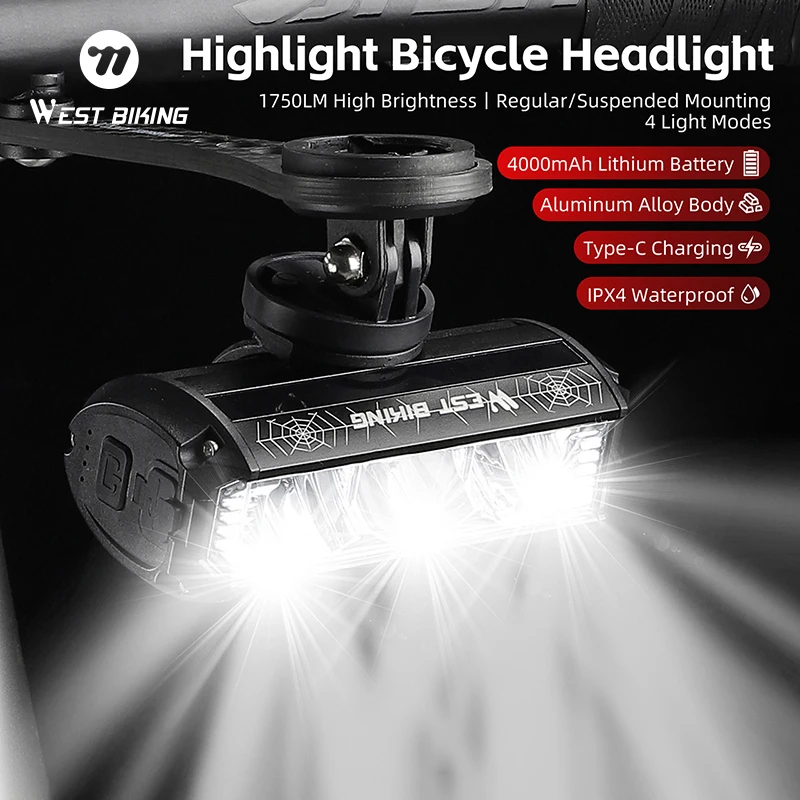 WEST BIKING 900/1750 Lumens Bicycle Front Light Bike Headlight 4000mAh Waterproof Flashlight Type-C Charge MTB Road Cycling Lamp