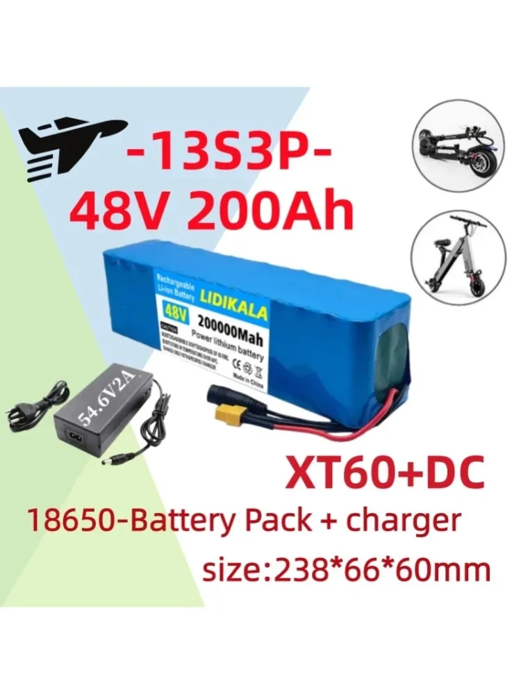 2026 Brandneuer 48V 200000mAh 2000W 13S3P geeignet für 18650 Lithium-Ionen-Akkupack mit BMS 54,6V Ladegerät Elektroroller