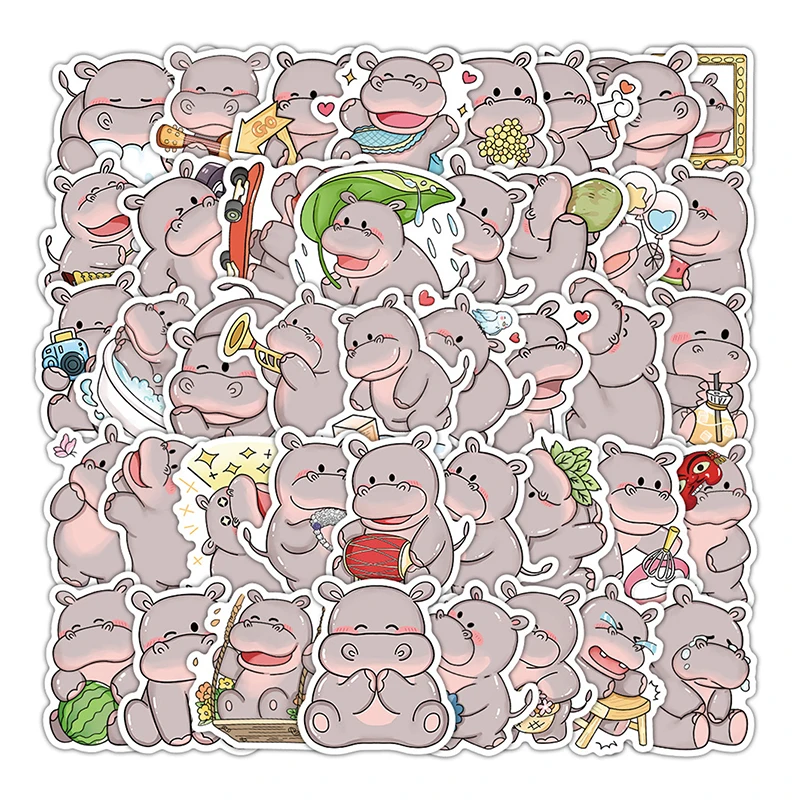 54PCS Kawaii Cute Animal Hippopotamus Stickers DIY Scrapbook Luggage Laptop Cartoon Decals Gifts For Kids Children