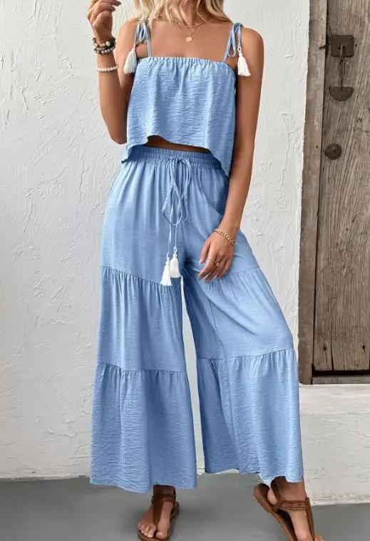 

New Set Strap Top & Wide Leg Pants Blue Two Piece Sets Female Daily Clothing Summer Beach Style Vacation Women's Pants Outfits