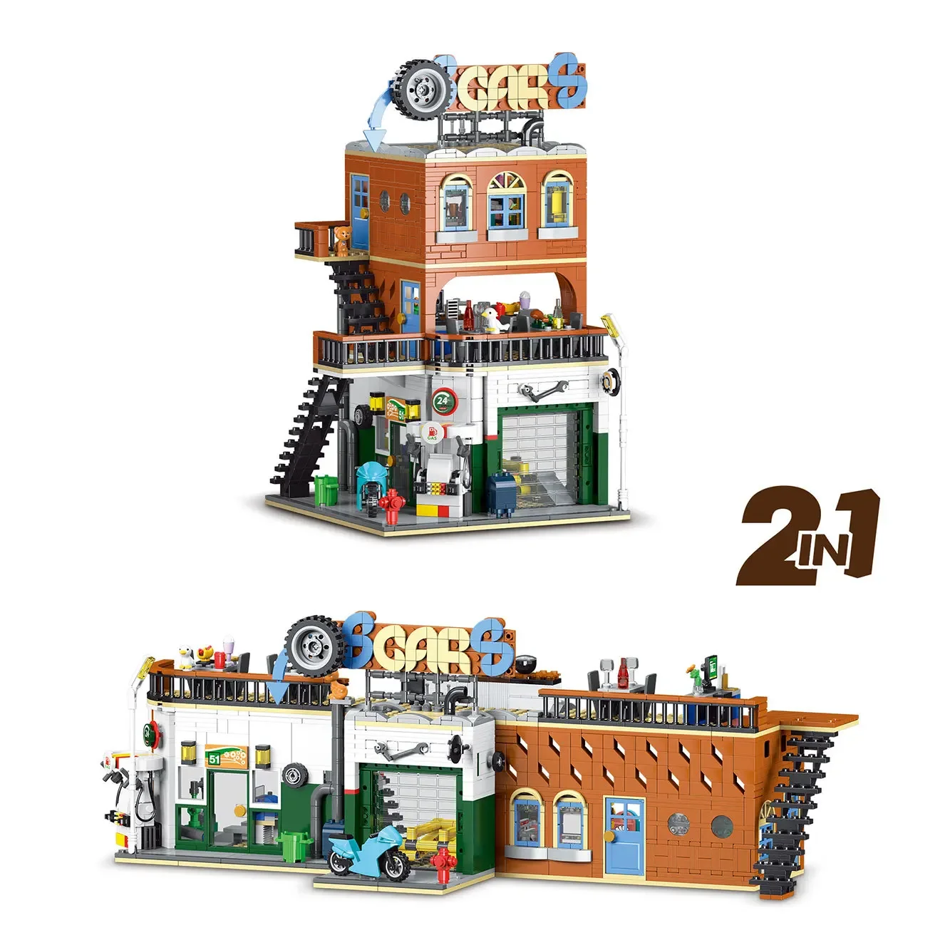 Atelier de réparation automobile 2 en 1, scène de rue créative, assemblage d'architecture, bloc de construction, jouet, petites particules, décoration de la maison