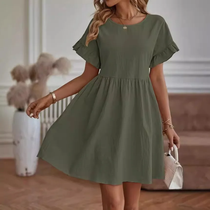 Loose Cotton Linen Dress Women's round Neck Pocket Dress Casual Comfortable A-Line Skirt for Daily Travel Commuting