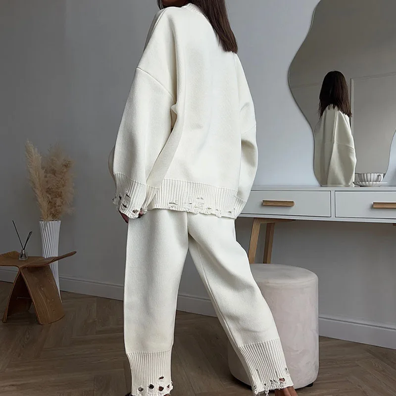 Mode déchiré tricoté solide ensemble élégant col rond pull et pantalon Long pull tenues femmes décontracté à manches longues ample 2 pièces costume