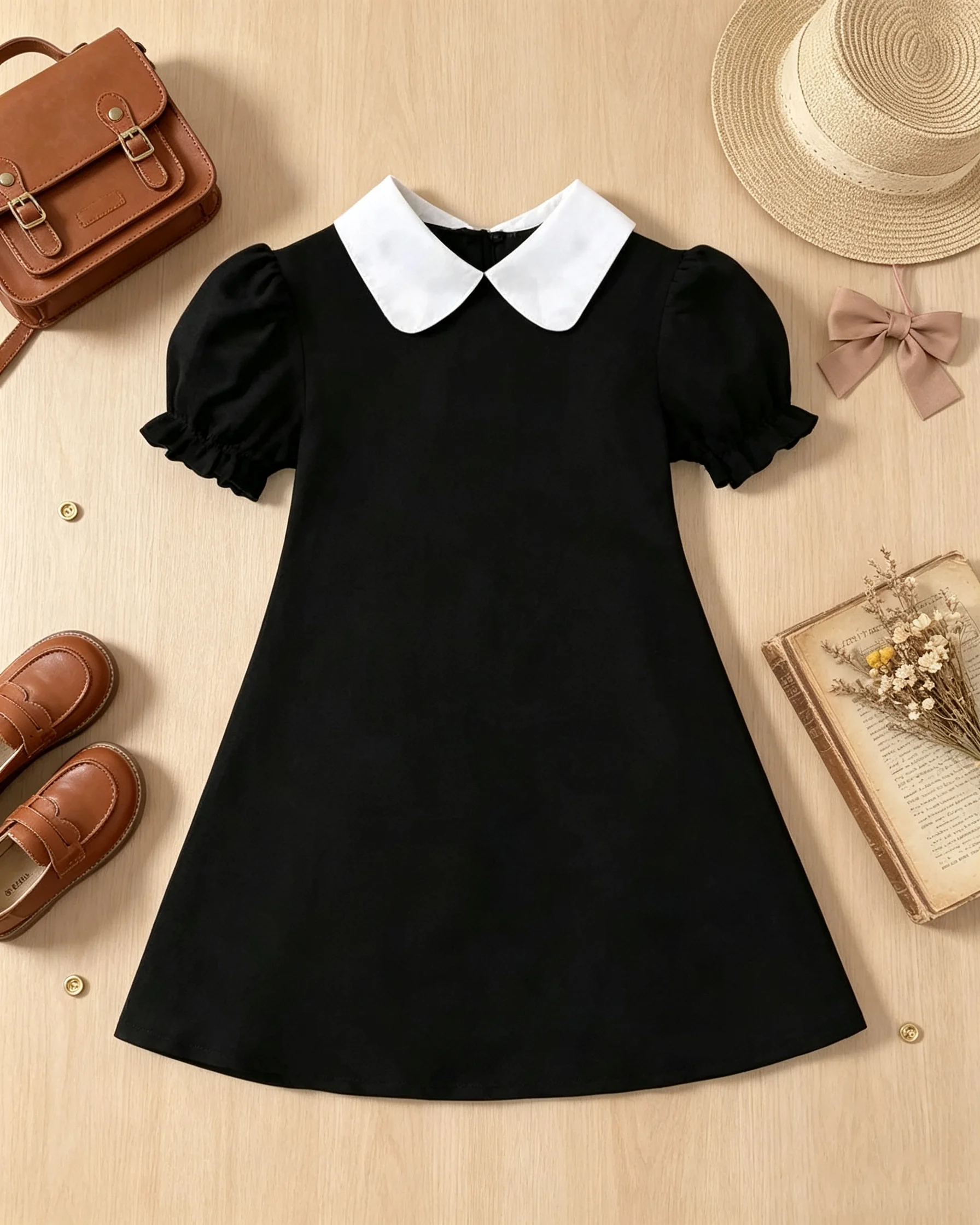 Girls' Princess Style Dress Peter Pan Collar Bubble Sleeve Ruffled A-Line Casual School Party Dress