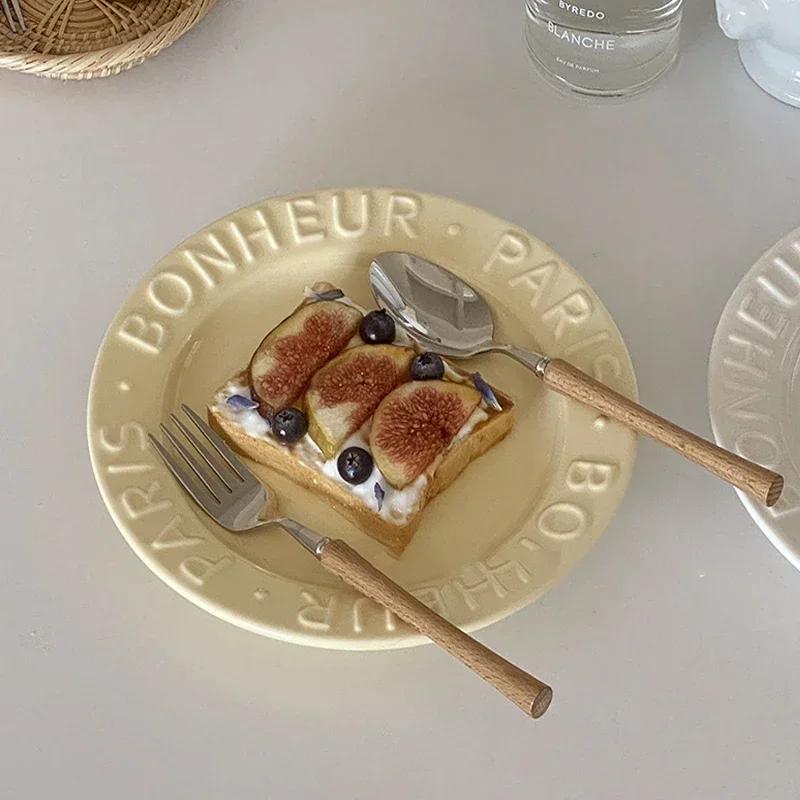 Ceramic Dessert Plate with Relief Letter, Fruit Salad Plates, Western Food Steak Afternoon Tea Cake Dishes, Korean, Gentle Cream