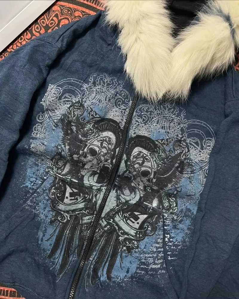 

Американская ретро пикантная девушка Y2k Sweet Cool осенне-зимний стиль винтажная куртка с капюшоном и меховым принтом с двумя черепами