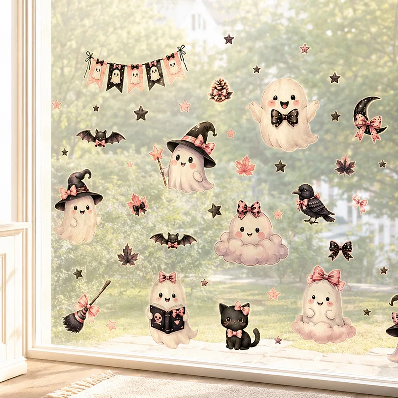 Cartoon Cute Pink Bow Ghost Static Window Sticker, Halloween Removable Glass Cling, Sweet Spooky Festive Party Home Decorations