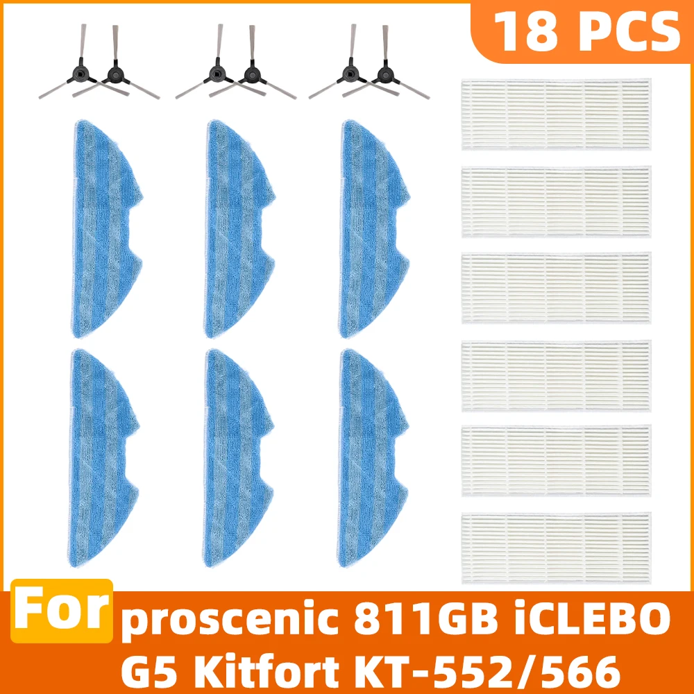 Совместимые аксессуары для робота-пылесоса Proscenic 811GB iCLEBO G5 Kitfort KT-552/566: HEPA фильтр, боковая щетка, тряпка, комплект запчастей