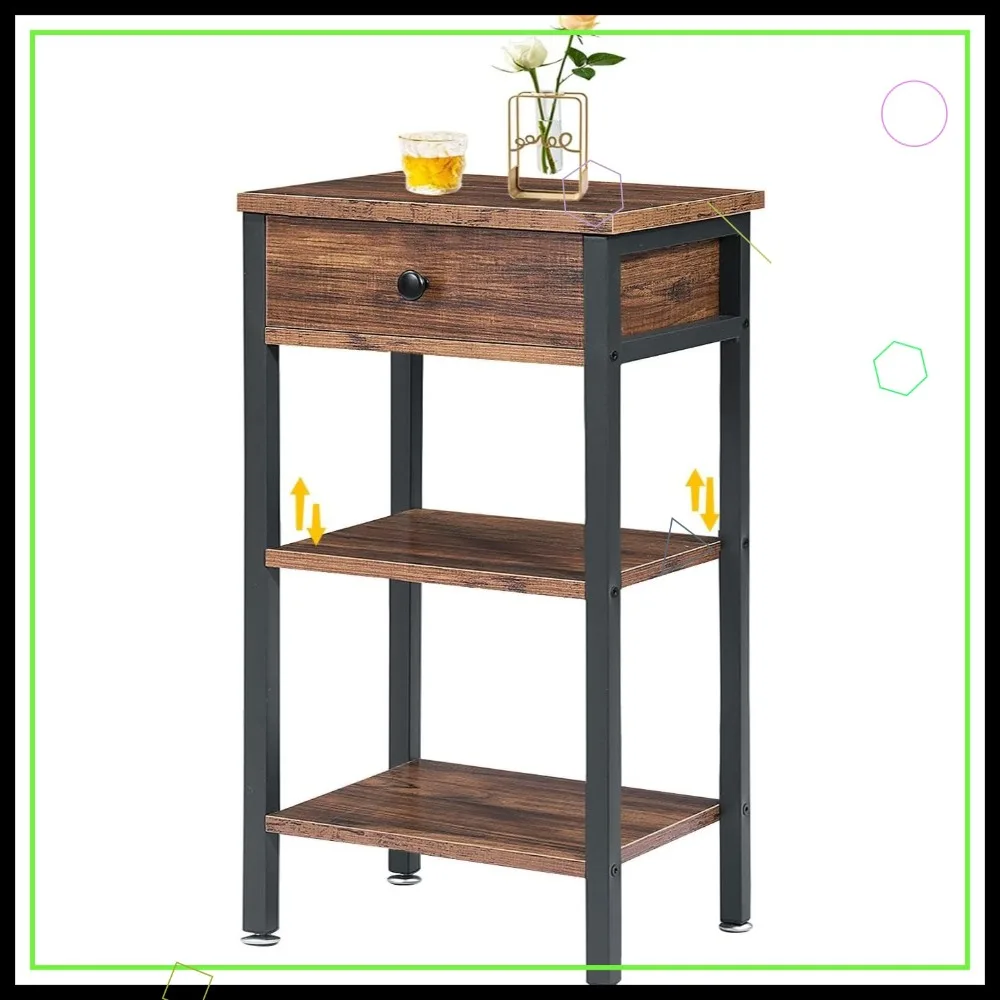 

Tall End Table with Adjustable Shelf & Drawer - Space-Saving Nightstand for Small Bedrooms