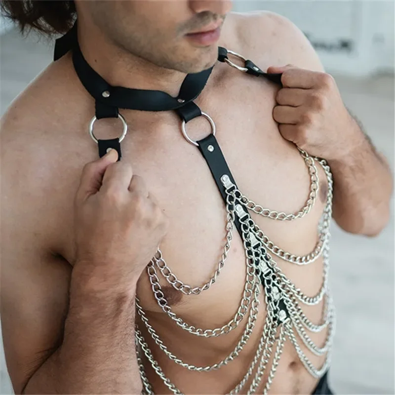 หนังผู้ชาย Body Harness CHAIN เครื่องราง BDSM Bondage เกย์เสื้อผ้าสายรัดเข็มขัดชาย Punk RAVE Clubwear เครื่องแต่งกายสําหรับเพศ