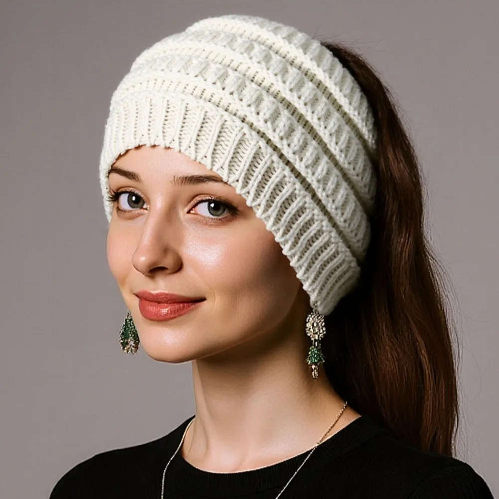 

Warm Solid Color Ponytail Beanie Hat Headwear Thicken Knitted Hat Ear Protection Women's Hat Winter