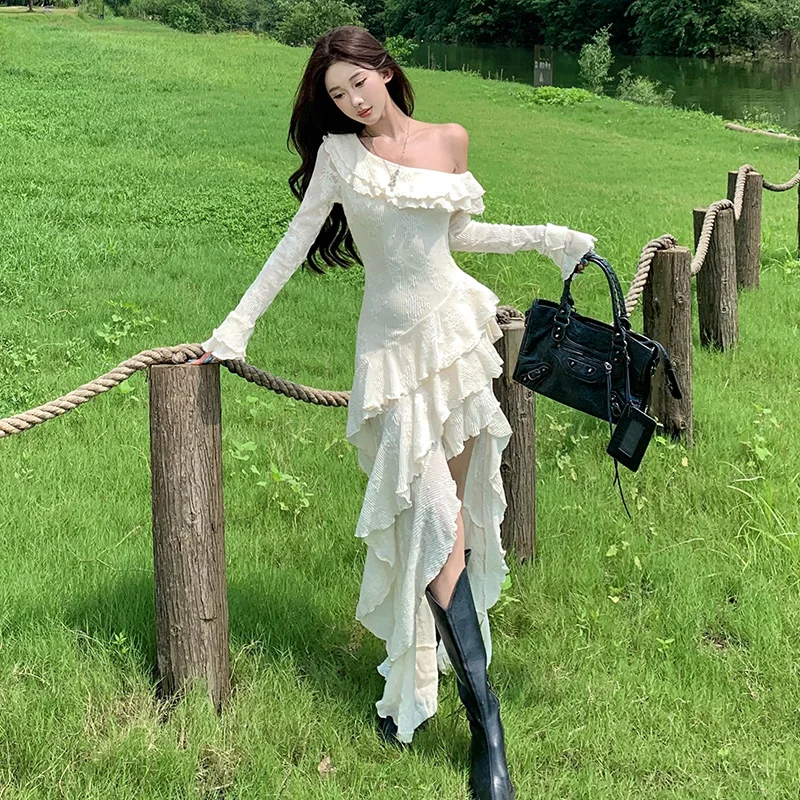 스트리트 슬레 롱 스웨이드 레이스 여성용 비대칭 밑단 슬림핏 드래그 테일 미디 스커트 폴리에스터 섬유 캐주얼웨어