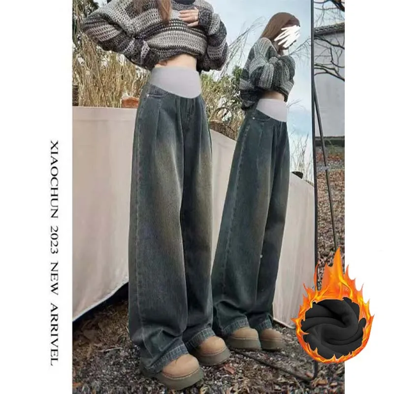 blue velvet wide-leg jeans women's 2026 autumn and winter new thickened large size loose retro mopping straight pants