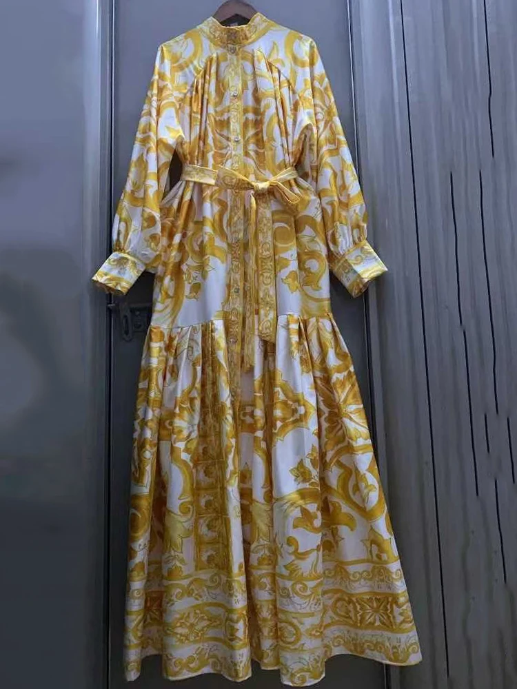 Retro geometric printing single-breasted design with tie waist dress 2026 spring women's shirt skirt fashion loose fluffy skirt