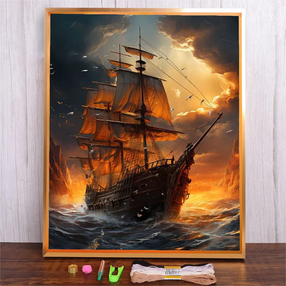 

Adults DIY Seascape Pattern DMC Threads Cross Stitch Kit 14CT 11CT Canvas Full Printed Fabric Sailboat Embroidery Needlework Set