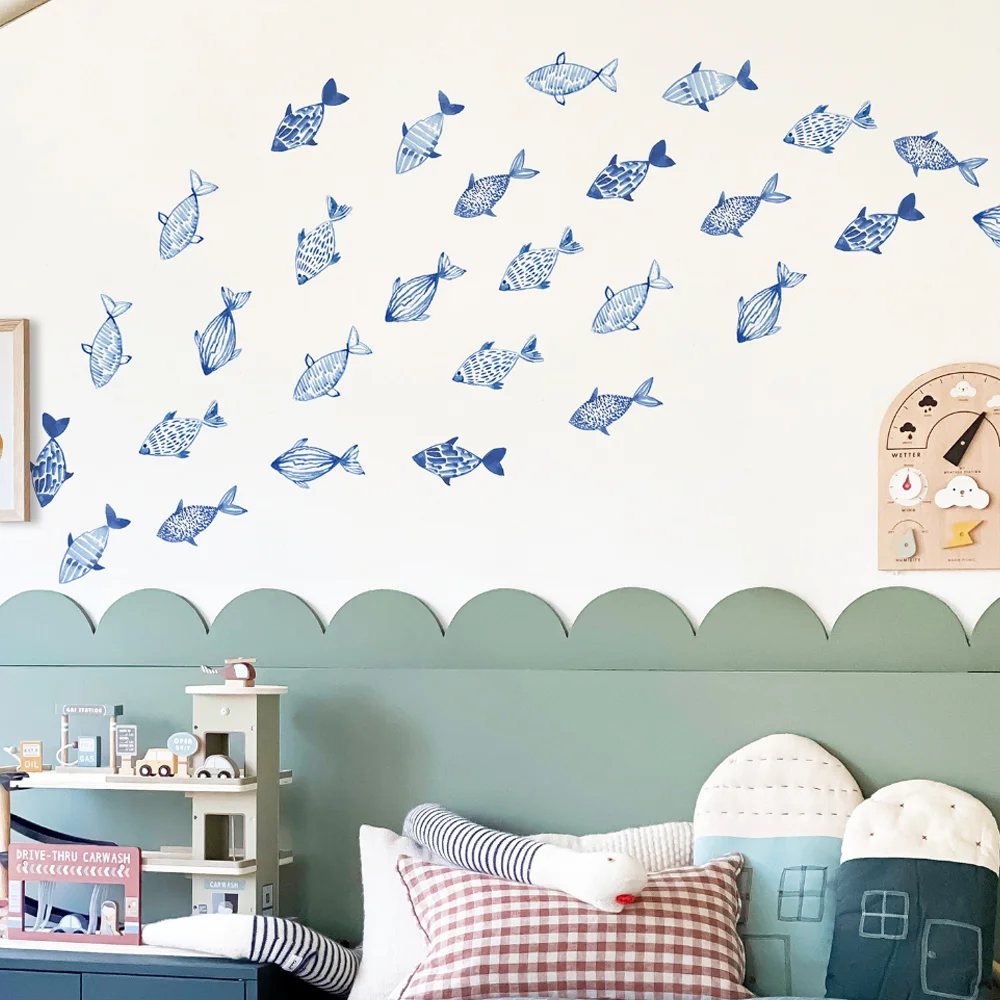 Hand drawn Watercolor Fish  Wall Decals Waterproof Peel&Stick Wall Sticker Blue Geo  Fish Sea for Boy's Kids Room