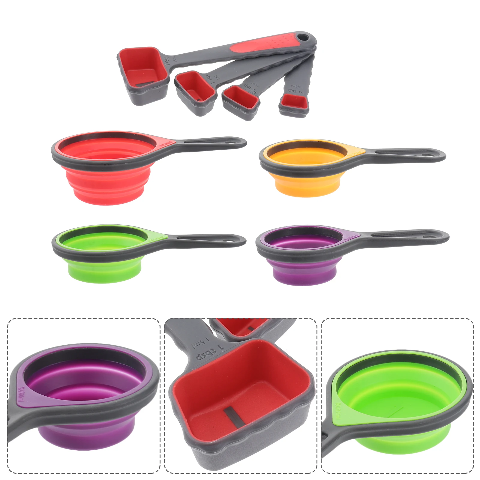

4 in 1 Silicone Telescopic Measuring Cups 15ml 5ml 25ml 125ml and 4 in 1 Measuring Spoons Set Kitchen Tool Liquid Dry