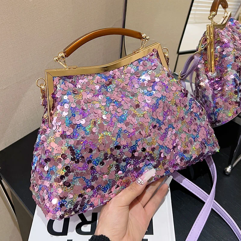 2024 New Fashion Women Evening Clutch Metal Glitter Sequin Purple Gold Chain Shoulder Bags Luxury Designer Wedding Prom Handbags