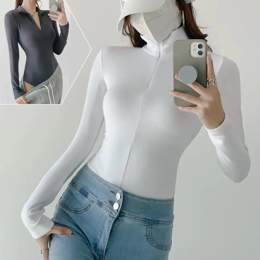 

Pure Desire Hot Girl Elastic Tights Slim Long Sleeve Bottoming Jumpsuit Women's Waist New Autumn Zipper Shirt And Summer De Z3b1