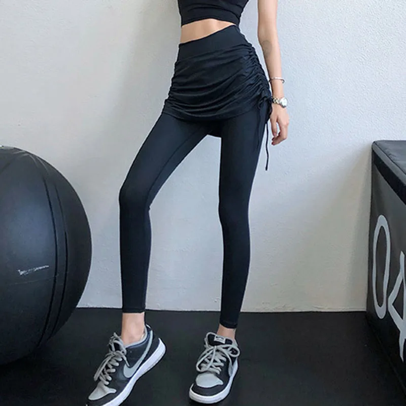 Women\'s High Waist Yoga Pants Fake Two Piece Sports Skirt And Pants Elastic Hip Lifting Slim Fit Gym Sports Leggings Yoga Wear