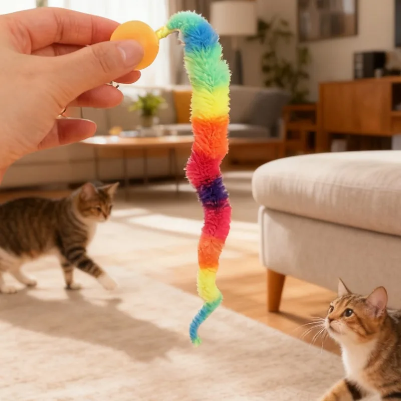 Interaktives Katzenspielzeug: Farbenfroher, elastischer Raupenball mit fluoreszierendem Effekt – Hüpfball für Katzen und Kätzchen zum Spielen und Teaser-Spiel – Detail 7