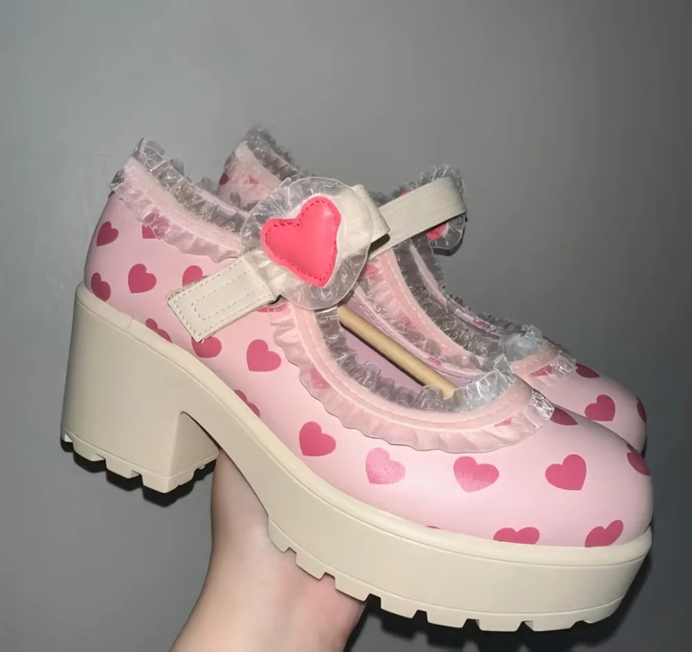 Sweet Lolita Style Pastel Pink Heart-Print Mary Jane Heels Heart Buckle Lace Trim Chunky Platform Block Heel Round-Toe Shoes view 2