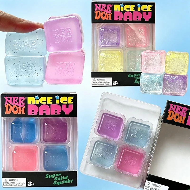 Needoh Nice Ice Baby 4 Pack Cube Maltose TPR Fidget Toy Safe Glitter Translucent Knead Stretch Emotional Release for Adults Gift