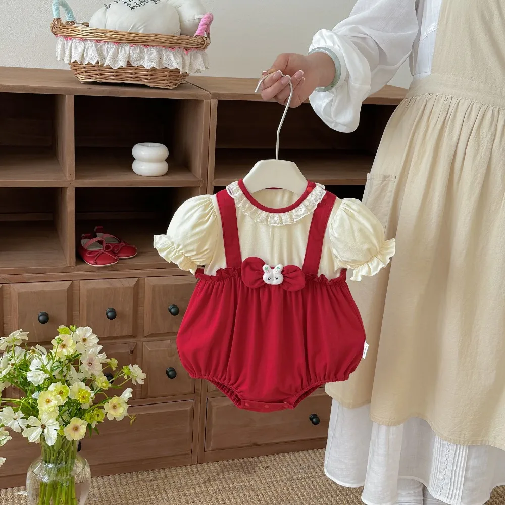 Princess Baby Girl Romper 0-2Years Cute Newborn Infant Short Sleeve O-Neck Collar Patchwork Rabbir Bow Bodysuit Summer Clothes