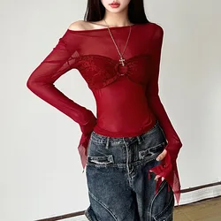 New Women's Solid Color Slim Fit Street Fashion Round Neck Long Sleeved Mesh Top for Women