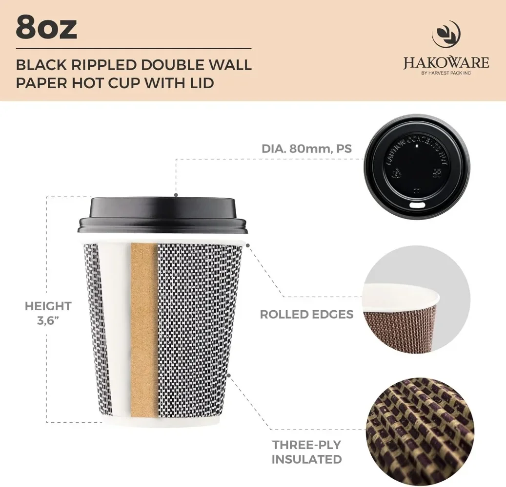 [600 SET]8 oz Disposable Coffee Cups, Insulated Ripple Double-Walled Paper Cup with Lid, Black and White Geometric