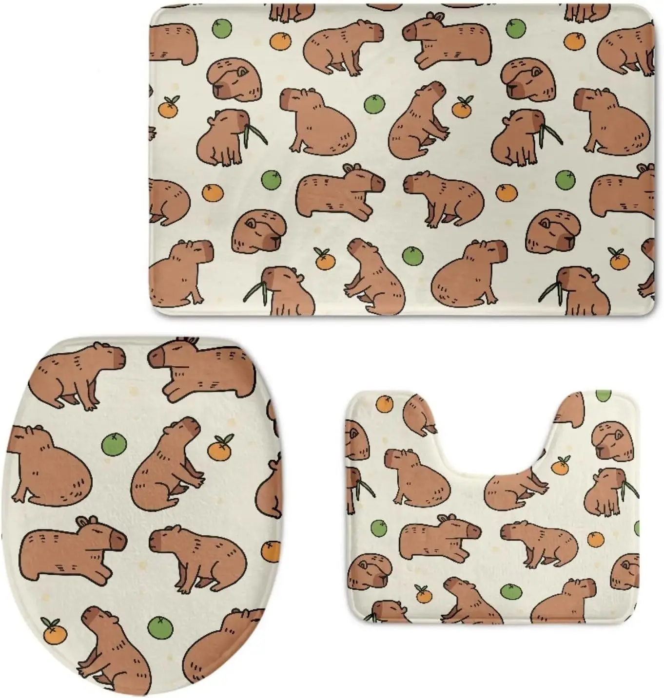 

3 шт., набор ковриков для ванной с рисунком капибары, милый декор для вечеринки влюбленных водяных крыс, нескользящий мягкий впитывающий моющийся коврик для унитаза