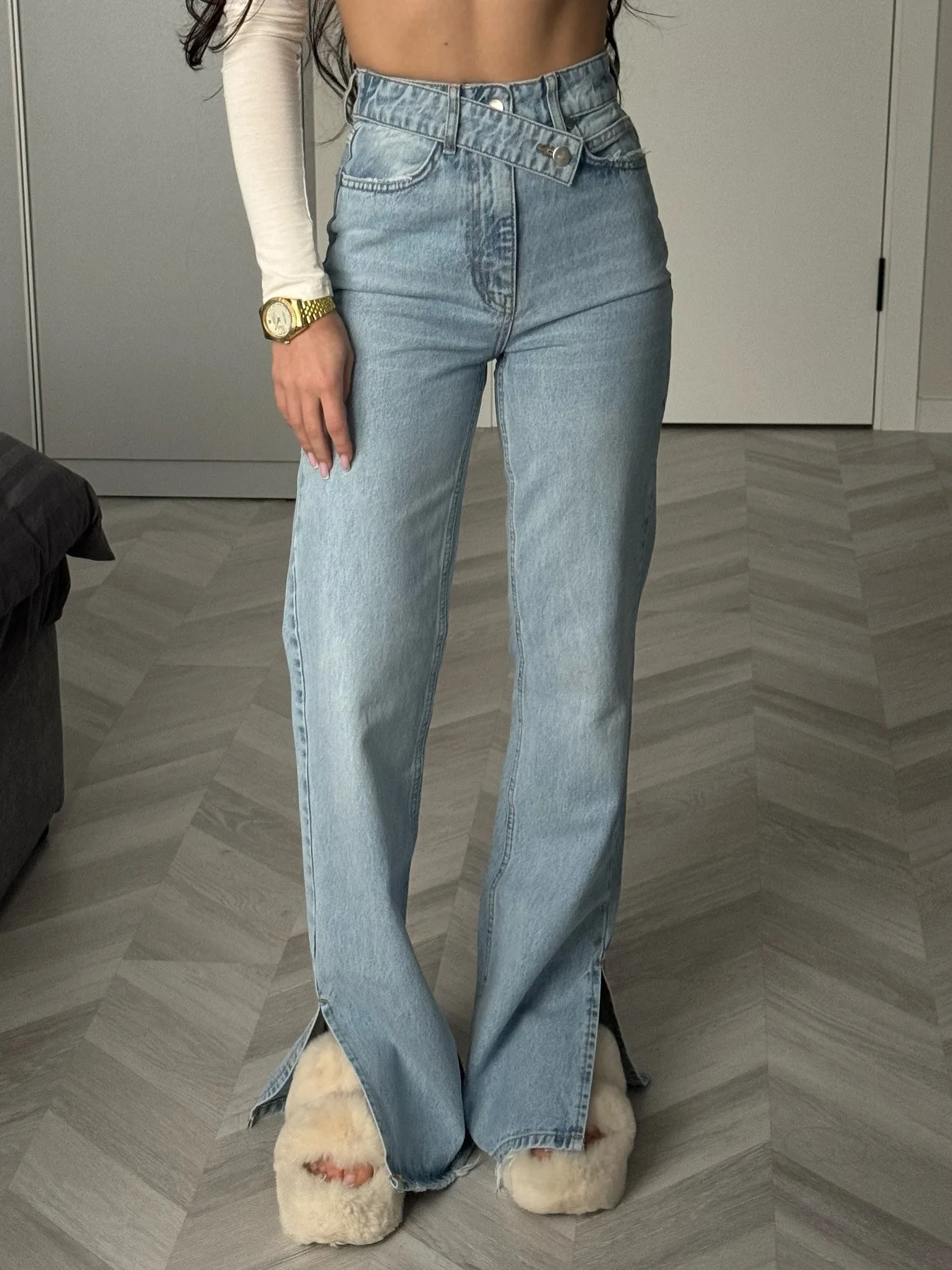 Irregular jeans casual pants in Europe and America with elastic waistband and split legs, high-grade wide-leg pants female